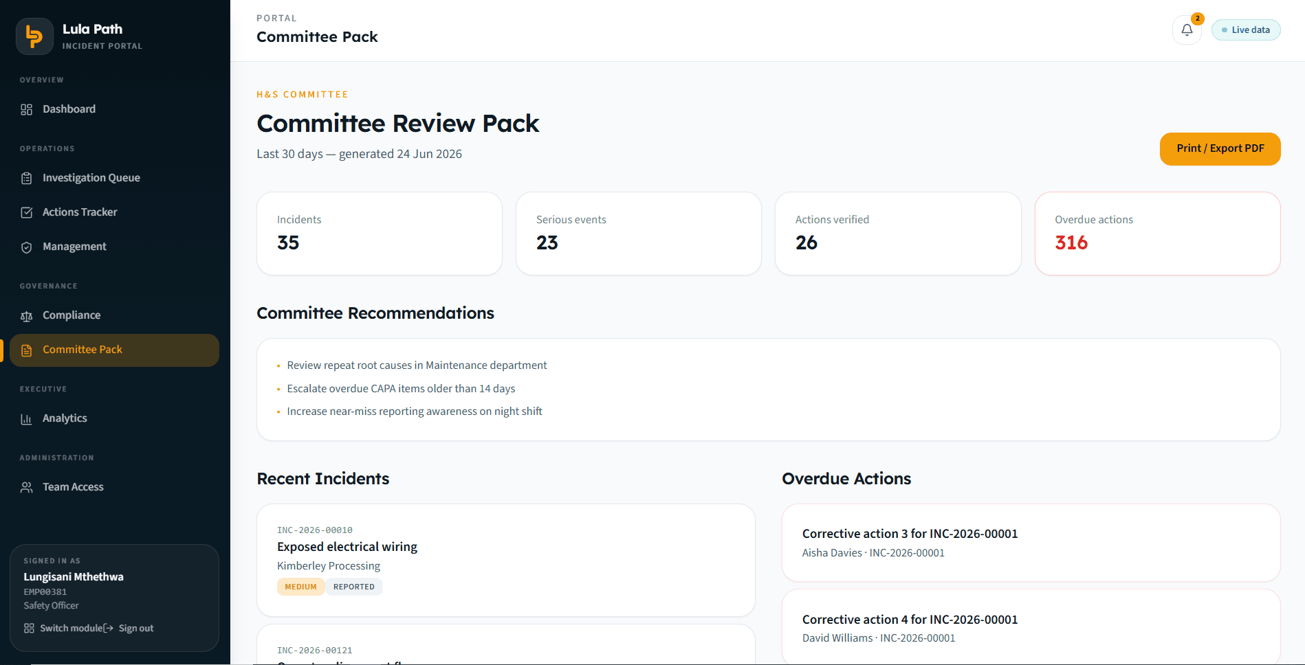Health and safety committee review pack with incident summary, recommendations, and overdue actions