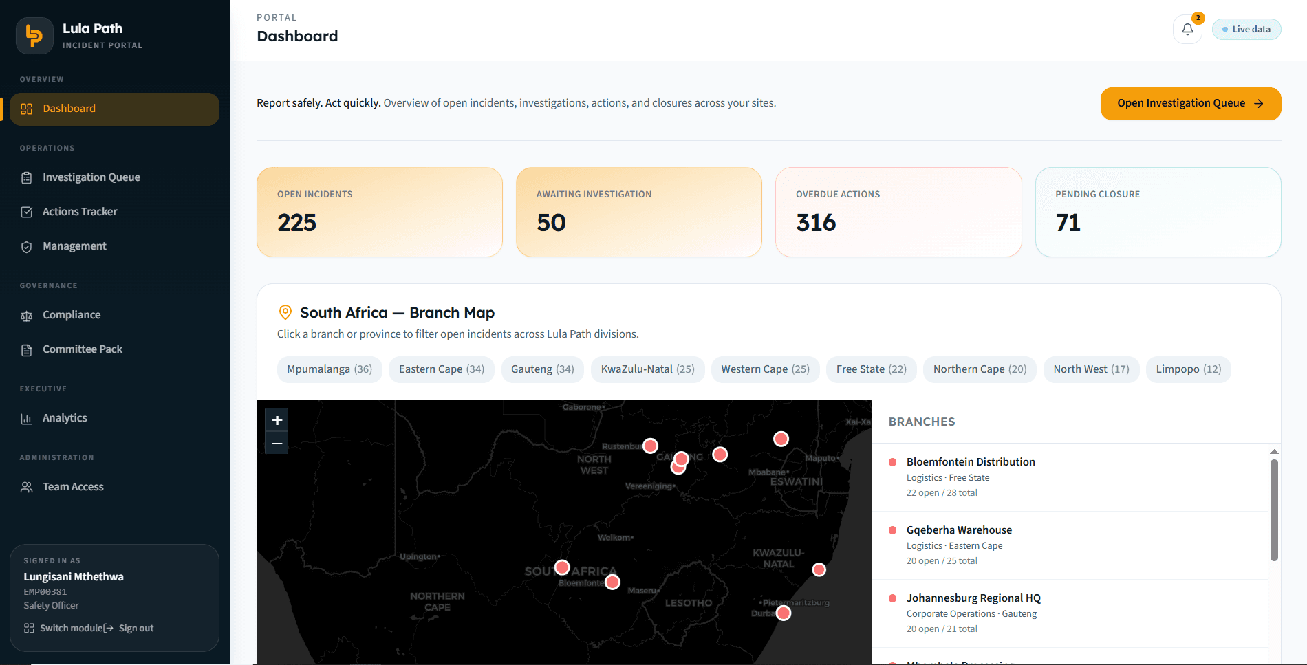 Incident portal dashboard showing open incidents, investigations, overdue actions, and a branch map across South Africa