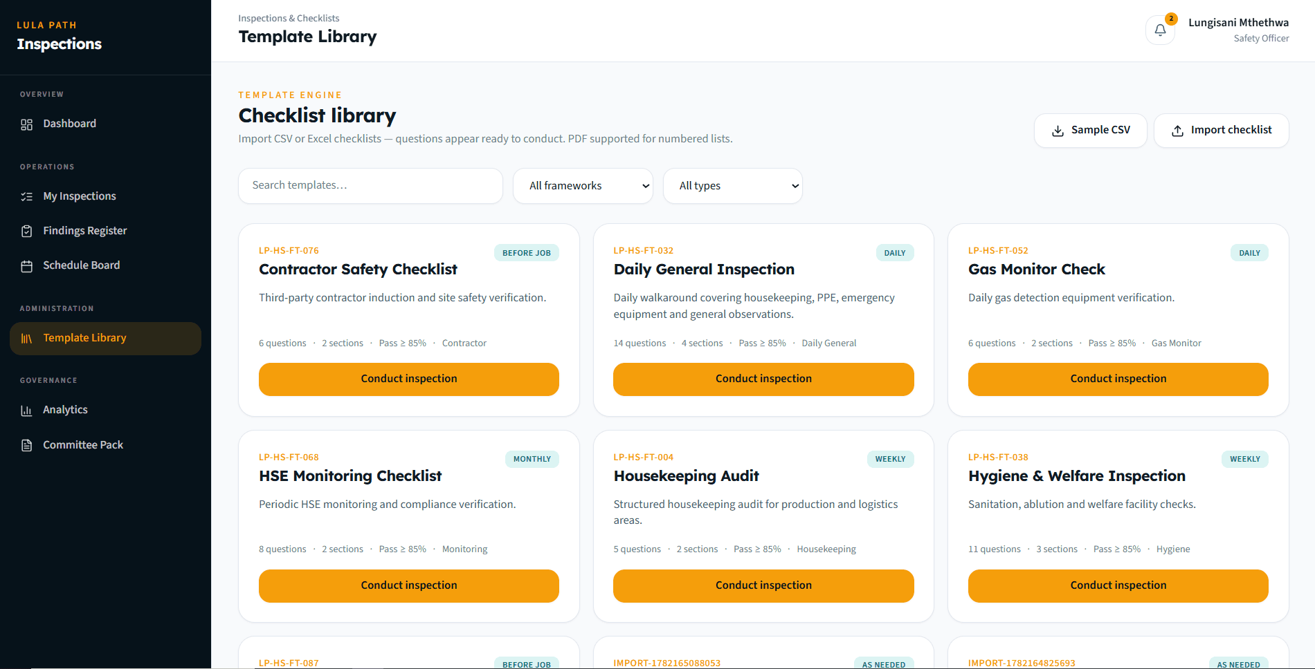 Inspection template library with checklist templates ready to conduct on any device